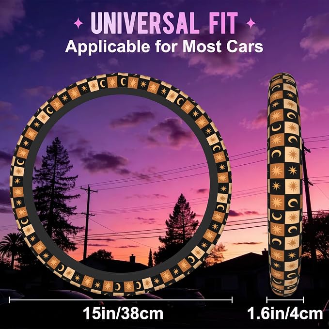 Celestial Checkerboard Steering Wheel Cover for Women Men Neoprene Breathable Boho Moon Star Wheel Cover Protector Anti-Slip Car Accessories Universal 15 Inch Fit for Cars Trucks Vehicles