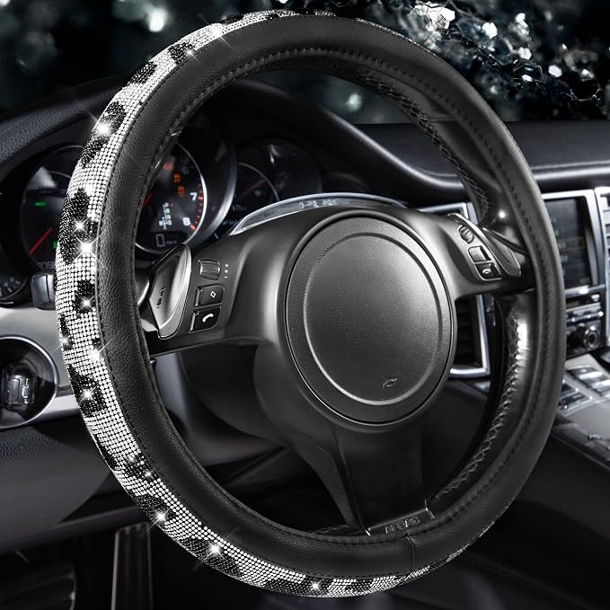 Bling Cow Print Diamond Steering Wheel Cover, with Sparkly Crystal Glitter Rhinestones Black Leather Car Wheel Protect for Women Girl Fit Suvs,Vans,Sedans,Cars,Trucks, 14" 1/2-15" Cow Design