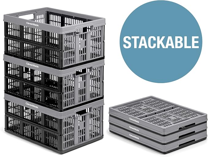 Collapsible Utility Crates - Red 1pck 45L / 11 Gal holds 66 lbs - Stackable Containers Heavy Duty Capacity Crates Space-Saving Baskets
