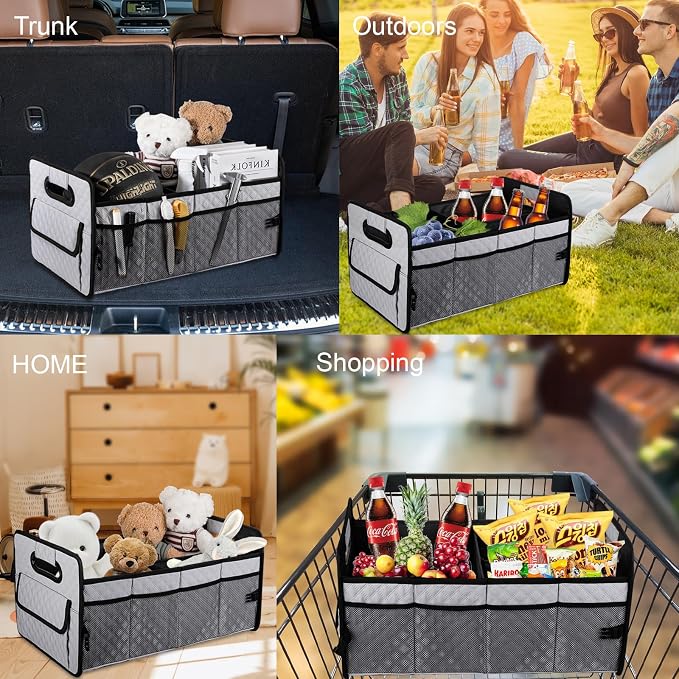 Car Trunk Organizers and Storage for SUV, Collapsible Multi Compartment Container Box Adjustable Car Accessories for Women Men, Light Grey