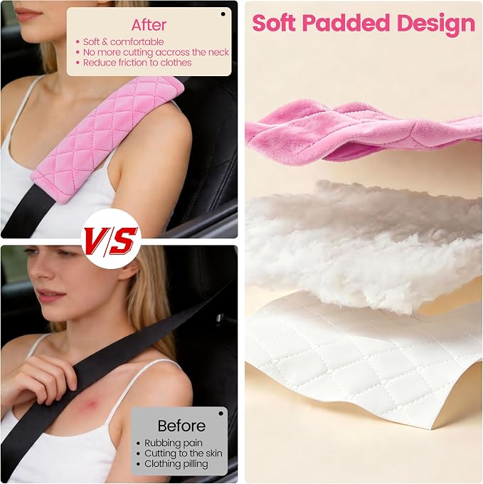 Soft Auto Seat Belt Cover Seatbelt Shoulder Pad Cushions 2 PCS for a More Comfortable Driving Universal Fit for All Cars and Backpack Pink