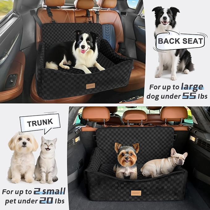 Dog Car Seat for Medium/Large Dogs - Reversible Dual-Sided Travel Dog Car Bed with Memory Foam, Washable Pet Booster Seat for Do gs up to 55 lbs or 2 Small Dogs, 2 Safety Leashes, Black