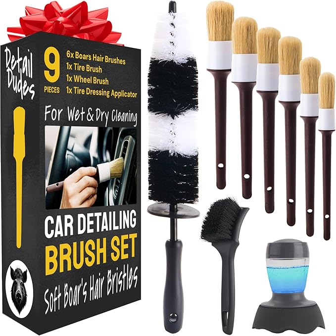 Car Detailing Brush Set 9-Pack with Tire and Wheel Brushes - | 6-pc Scratch-Free Interior Boars Hair Brushes - 1-pc Exterior Tire Brush, Tire Dressing Applicator and Wheel Brush