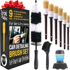 Car Detailing Brush Set 9-Pack with Tire and Wheel Brushes - | 6-pc Scratch-Free Interior Boars Hair Brushes - 1-pc Exterior Tire Brush, Tire Dressing Applicator and Wheel Brush