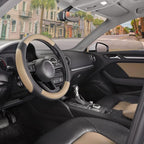 Car Steering Wheel Cover for Prius Civic Model 3 Model Y Camaro, Small Size 14-14.25 inch, Black and Beige Microfiber Leather