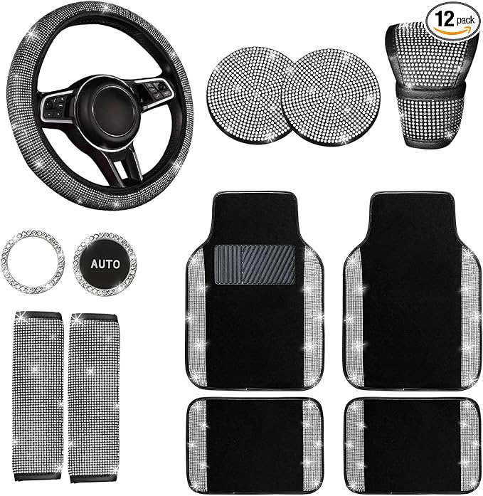 12 Pcs Bling Car Accessories Set for Women Car Floor Mats Full Set Steering Wheel Cover Seat Belt Covers Coasters Universal Fit Car SUV Truck Van Silver