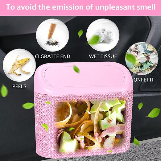Bling Pink Car Trash Can with Lid, Mini Auto Garbage Storage Bin with 60 Trash Bags, Small Car Garbage Container Bin, Sparkling Crystal Vehicle Dustbin for Front Back Seat Accessories for Cars