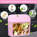 Bling Pink Car Trash Can with Lid, Mini Auto Garbage Storage Bin with 60 Trash Bags, Small Car Garbage Container Bin, Sparkling Crystal Vehicle Dustbin for Front Back Seat Accessories for Cars