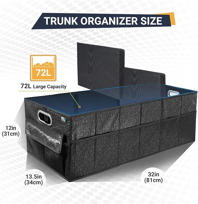 Trunk Organizer for SUV, Sturdy Car Organizer, Non-Slip Bottom, Folded Storage Organizer for Sedan, Van, Jeep, Grocery, Car Accessories, Large 3 Compartments, Art Black,32"×13"×10.6"