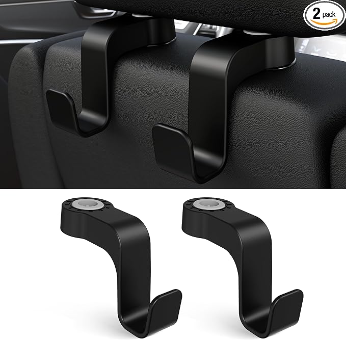 Car Seat Hooks Anti-Drop Headrest Storage Hanger Universal Fit Automotive Organizer for Purse Bag Coat Black 2 Pack