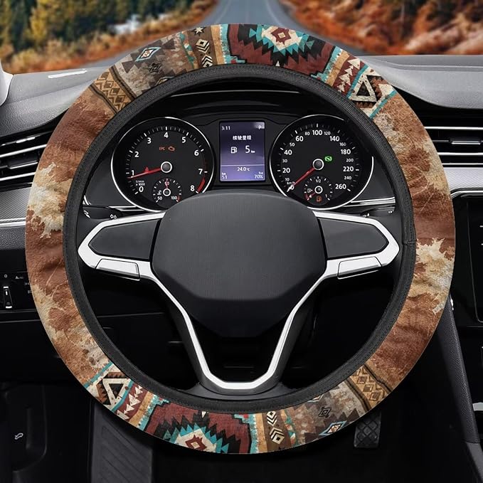 Car Steering Wheel Cover Universal Fit SUV Truck Van, Anti-Skid Soft Stretchy All Weather Protection Auto Decor Accessories, Aztec Navajo Splash Brown