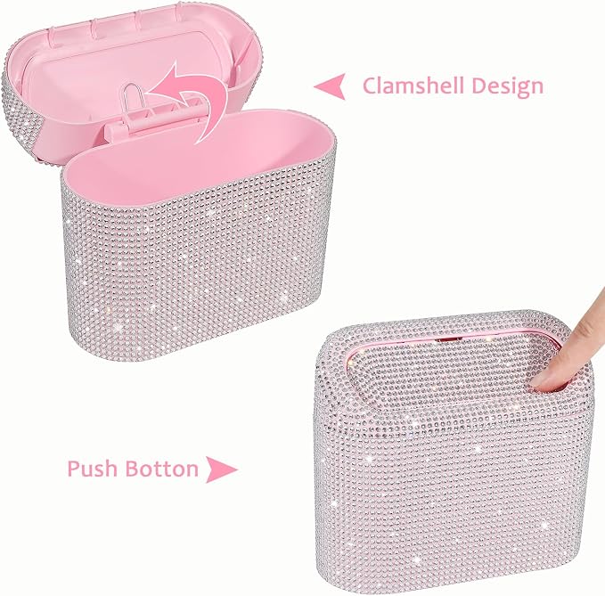 Bling Car Trash Can with Lid, Leakproof Mini Vehicle Trash Bin Automotive Dustbin Organizer Storage, Sparkling Crystal Rhinestone Trash Bag Container with 30pcs Garbage Bags Car Accessories