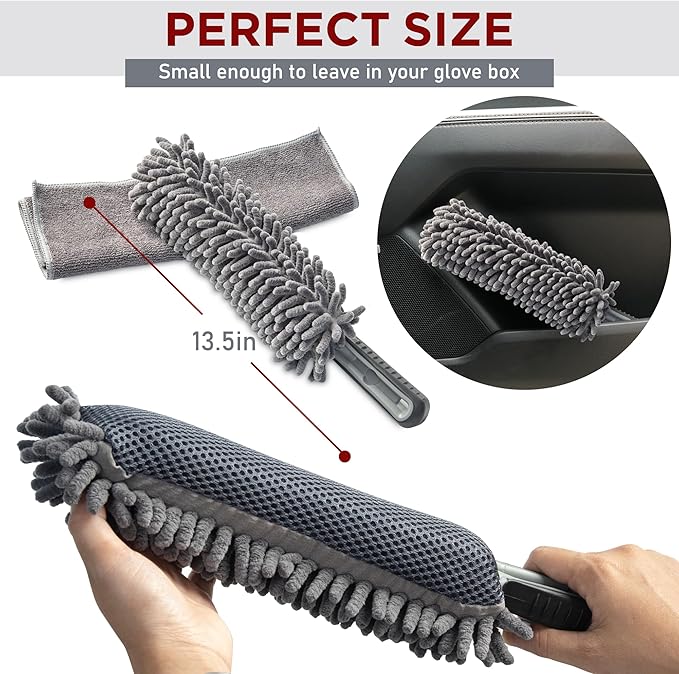 Car Duster Interior, Double-Sided Microfiber, Comfort Handle | Lint & Scratch-Free Cleaning for Trucks, RVs & Vehicles, Includes Microfiber Towel & Storage Bag, Soft