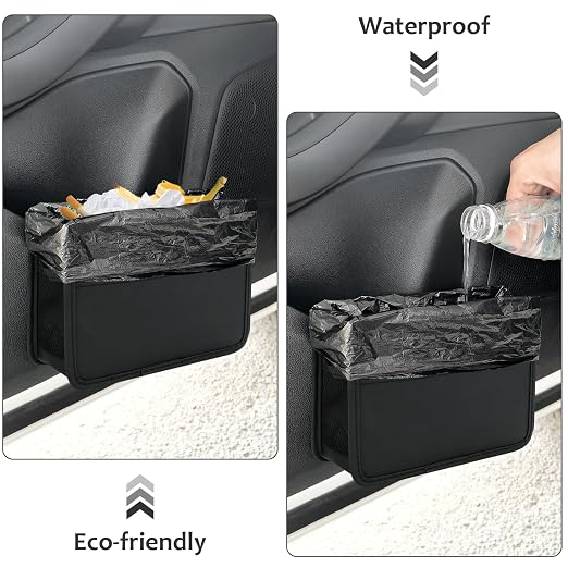 Collapsible Car Trash Can, Leather Vehicle Garbage Organizer Bin Holder with One Roll Trash Bag, Foldable Hanging Mini Cars Storage Bag Container for Auto, SUV (Black)