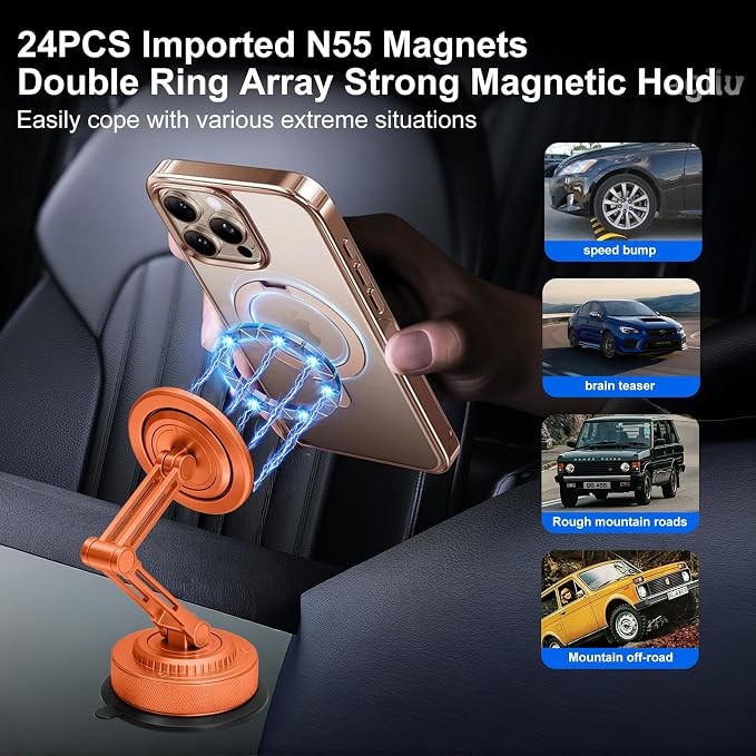 All-Metal Alloy Long Arm Magnetic Suction Cup Car Phone Mount(Orange) | Strong Powerful Magnetic Heavy-Duty Windshield Dash 360° Mechanical Rotation Cell Mobile Phone Vehicle Bracket for All Cars