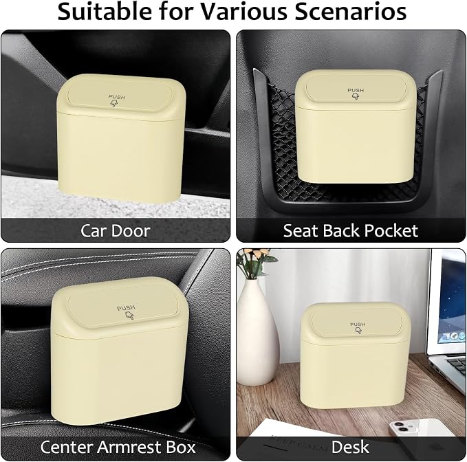 Car Trash Can, Portable Vehicle Trash Bin with Lid, Car Dustbin Garbage Organizer Holder with One Roll Trash Bag, Leakproof Hanging Mini Cars Storage Bag Container for Auto, SUV, Office (Beige)