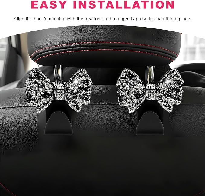 2PCS Bling Bow Car Seat Headrest Hooks, S-Type Crystal Auto Rear Seat Organizer for Handbags Purses Groceries, Cute Rhinestone Bow Seats Back Storage Hook for SUV Truck Sedan (Black)