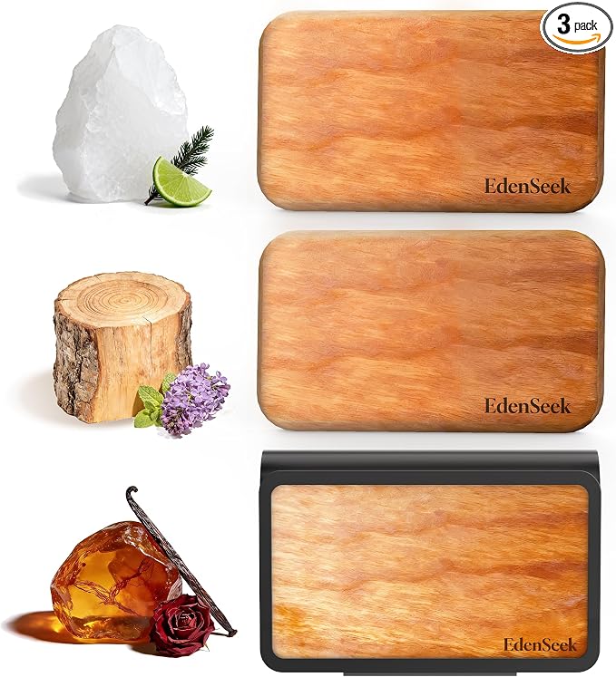 Wooden Car Air Freshener | FSC-Certified Original Wood, Visor Metal Clip, 100% Pure Essential Oils, Long-Lasting Odor Eliminator, 3 Refillable Scents Diffuser for Cars, Trucks, SUVs