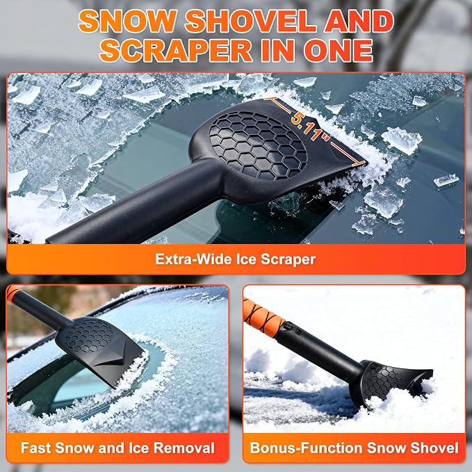45.7" Extendable Snow Brush and Larger Ice Scrapers for Car Windshield, Scratch-Free Snow Brush with 360° Pivoting Head & Non-Slip Foam Grip, Ice Removal Tool for Car, SUV, Trucks