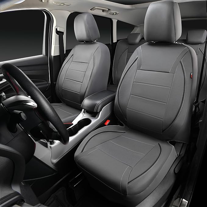 Piping Faux Leather Car Seat Cover Full Set,Grey Breathable Leather Seat Covers for Cars, Airbag Compatible,Universal Fit for SUVs,Van,Sedans,Small Trucks (Full Set, All Gray)