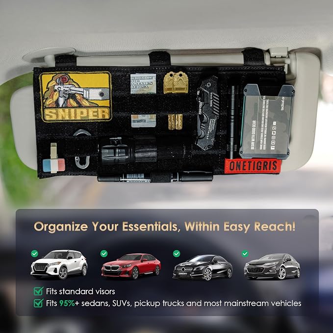 Molle Visor Panel Organizer, Tactical Car Sun Visor Organizer Molle Patch Panel Vehicle Visor Storage Holder Pouch, Molle Webbing with Hook-and-Loop Straps for Cars, Trucks, Suvs etc.