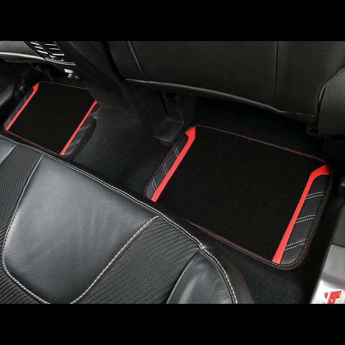 Leather Steering Wheel Cover and Waterproof Car Floor Mats,Microfiber Universal Car Combo Fit for 95% Sedan,SUV,Cars,14.5-15inch Sporty Anti-Slip Safety Comfortable Design(Black＆Red)