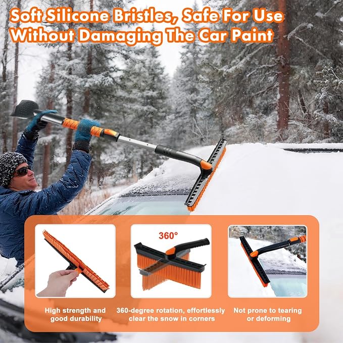 3 in 1 Silicone Snow Brush with Ice Scrapers, 39.37" Extendable Window Ice Removal with Squeegee for Windshield, 360° Pivoting Brush Head Cleaner Tool for Car, Truck, SUV