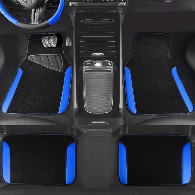 Faux Leather Steering Wheel Cover and Waterproof Car Floor Mats,Universal Car Combo Fit for 95% Sedan,SUV,Cars,14.5-15inch Sporty Anti-Slip Safety Comfortable Design(Black＆Bule)