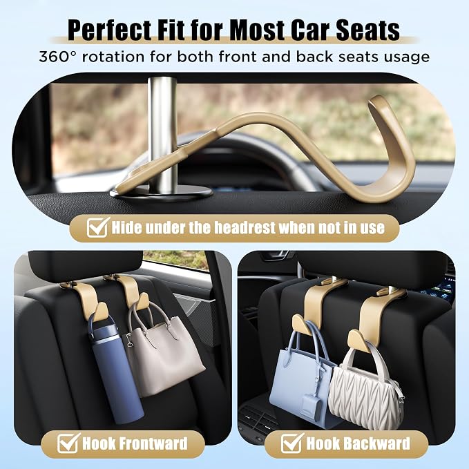 Car Seat Headrest Hook 4 Pack Hanger Storage Organizer Universal for Handbag Purse Coat Universal fit Vehicle Car Beige with Clip