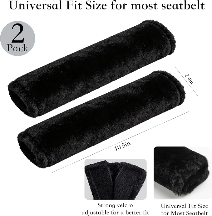 2-Pack Soft Furry Universal Seatbelt Cover – Shoulder Pad for Car Truck SUV Airplane Bus – Relieves Neck & Shoulder Pressure – Fits Backpack, Camera Bag, Laptop Bag Straps (10.5 Inch, Black)