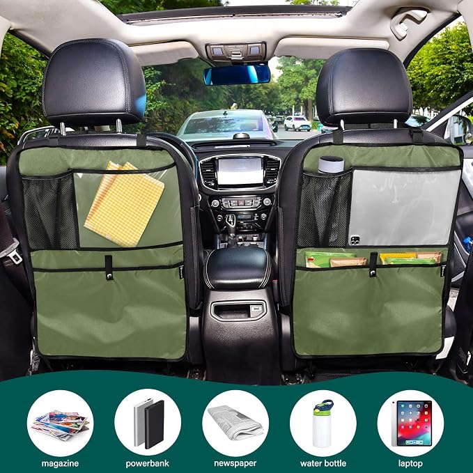 Dark Green Car Seat Organizer for Kids Backseat Kick Mat with Adjustable Strap Backseat Protector for SUV Vehicle Cars 2 Pcs