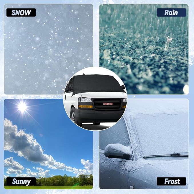 Windshield Cover for Ice and Snow for 1996-2024 2025 2026 GMC Savana Van/Chevy Express Accessories Enhanced Waterproof Passenger & Cargo All Weather Windshield Frost Cover for Savana Van for Winter