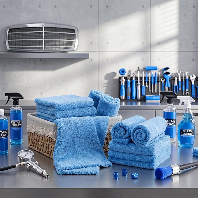 30 Pcs 12.5 × 12.5 Inch Edgeless Microfiber Plush Towels for Cars Detailing Drying Wash Polishing Absorbent Cleaning Cloths, 500 GSM (Light Blue)