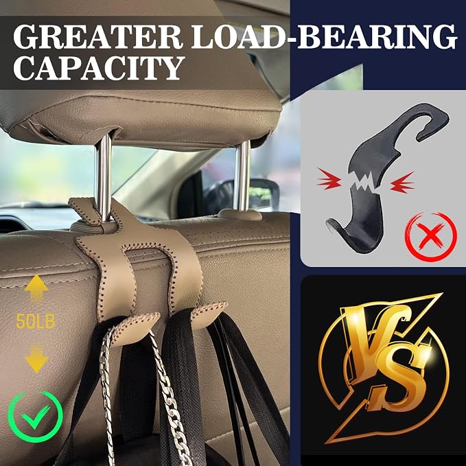 Upgraded Headrest Hooks for Purses and Bags, 2 in 1 Car Back Seat Head Rest Hanger Matching Cars Interior Genuine Leather Vehicle Storage Holder Hook, 2 Pack, Beige
