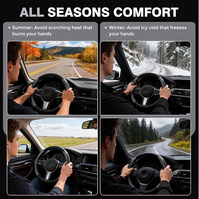 Car Steering Wheel Cover, Microfiber Leather Steering Wheel Covers with Anti-Slip Lining, Breathable Elastic Car Steering Wheel Protector, Universal Standard Size 14-15 inch