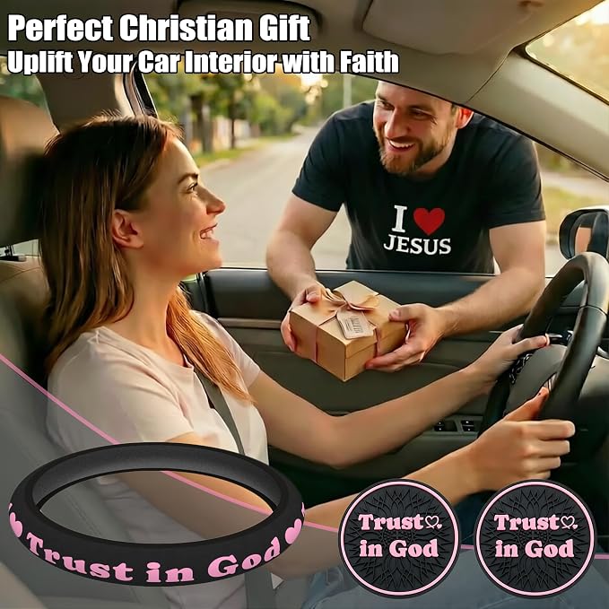 Christian Trust in God Car Steering Wheel Cover with 2 Pack Coasters for Women, PU Leather Pink Car Accessories, Religious Gifts, Universal 14.5-15.5" Fit for Cars, SUVs, Trucks