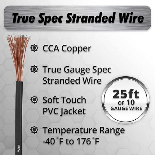 10 Gauge CAA Wire (25ft) - Primary Automotive Power & Ground Cable, Car Audio Speaker & RV Trailer Wiring