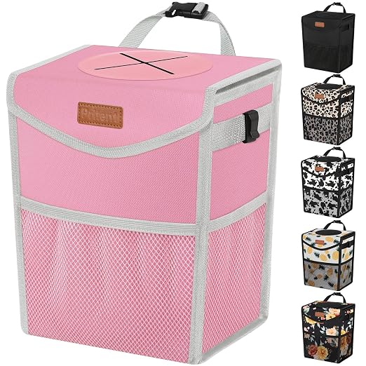 Car Trash Can with Lid, Cute Leakproof Car Trash Garbage Bag Hanging Vehicle Trash Bin Small Portable Automotive Garbage Cans Organizer for Back/Front Seat(Trapezoid,Pink
