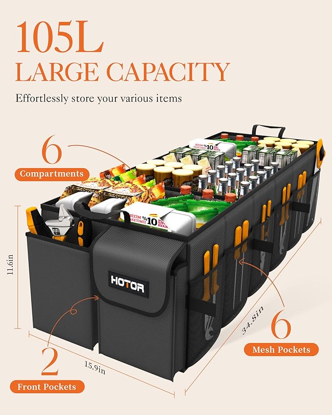 Trunk Organizer - Car Organizer, Foldable Trunk organizer for SUVs & Sedans, Sturdy Car Organization for Car Accessories, Tools, Sundries, Black, 6 Compartments, 34.8"×16.0"×11.6"