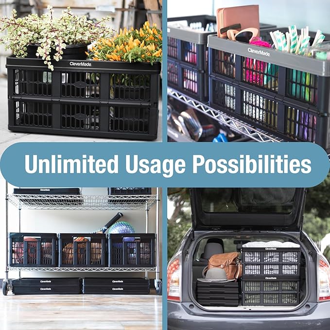 Collapsible Utility Crates, Ocean, 3 Pack, 45L/11 Gal, 66 lbs Capacity, Stackable Containers, Heavy Duty, Space-Saving Baskets,Polypropylene (PP)