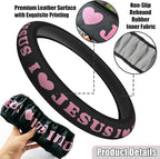 Christian I Love Jesus Pink Steering Wheel Cover for Women & Girls with 2 Pack Car Coasters, Pink Car Accessories, Christian Gifts for Women, Universal 15" Fit for Cars, SUVs, Trucks
