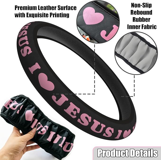Christian I Love Jesus Pink Steering Wheel Cover for Women & Girls with 2 Pack Car Coasters, Pink Car Accessories, Christian Gifts for Women, Universal 15" Fit for Cars, SUVs, Trucks