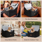 Elevated Dog Car Seat for Small/Medium Dogs up to 35 lbs, Memory Foam Booster Seat with Detachable Washable Cover, Travel-Safe Car Bed with Safety Belts & Storage Pockets, Grey