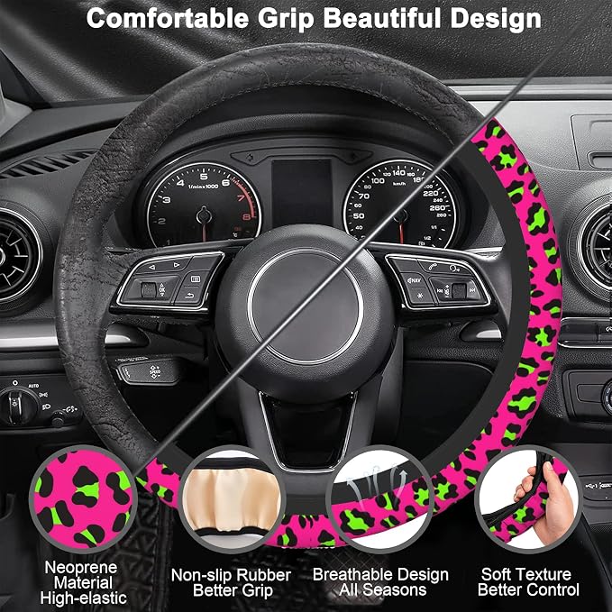 Pink Leopard Steering Wheel Cover,Pink Cheetah Leopard Universal 15" Elastic Car Steering Wheel Cover with 2 PCS Car Coasters,Anti-Slip Breathable Accessories for Auto,SUVs,Truck