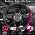 Pink Leopard Steering Wheel Cover,Pink Cheetah Leopard Universal 15" Elastic Car Steering Wheel Cover with 2 PCS Car Coasters,Anti-Slip Breathable Accessories for Auto,SUVs,Truck