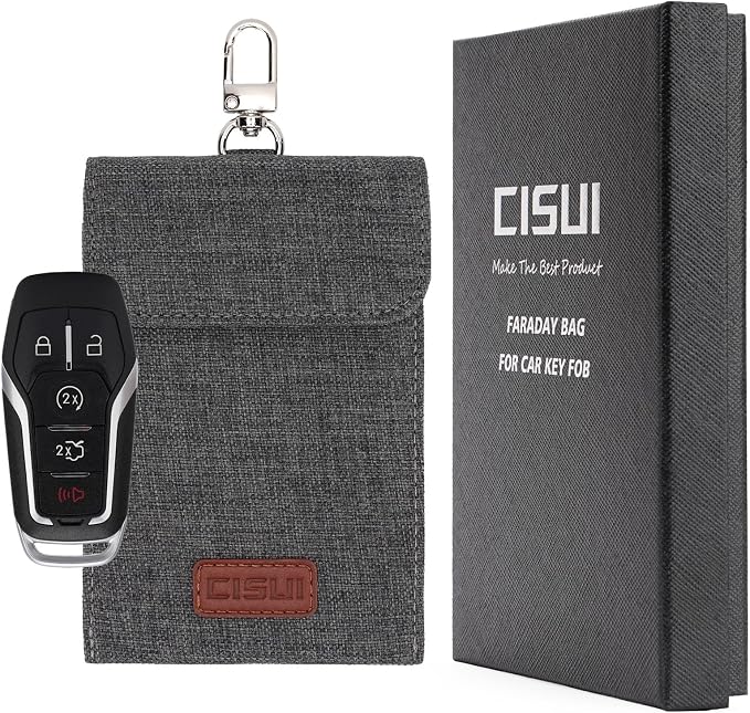 Faraday Bag for Car Keys, 4-Layer Key Fob Signal Blocker Pouch (Grey) | 2026 upgraded RFID guard shielding case for keyless entry anti-theft. Durable Oxford fabric with secure hook for all fobs