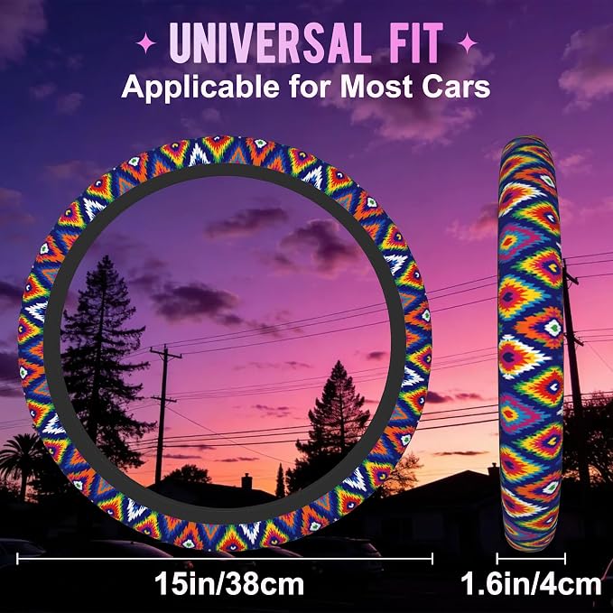 Colorful Ethnic Geometric Steering Wheel Cover for Women Men Neoprene Breathable Wheel Cover Protector Anti-Slip Car Accessories Universal 15 Inch Fit for Cars Trucks Vehicles