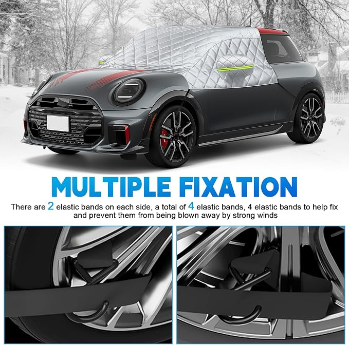 Custom Fit Windshield Snow Cover for Mini Cooper – 6-Layer Frost Guard with Mirror Covers & Secure Steel Hooks – Automotive Windshield Snow Covers