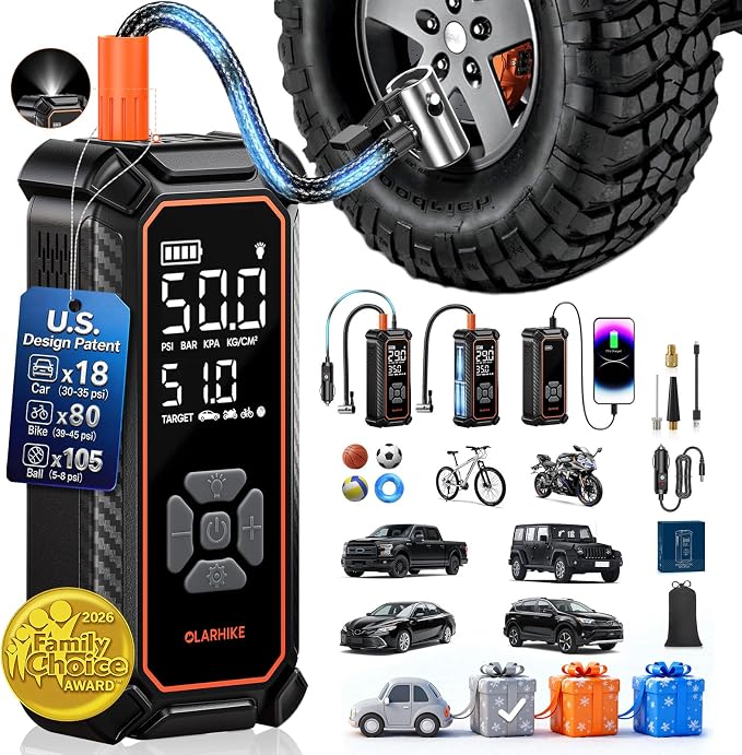 Tire Inflator Portable Air Compressor, Lightning-Fast Inflation, Dual Power - 6000mAh & 12V DC, Cordless Air Pump for Car Tires, Bikes, Motorcycle, Balls with LED & Digital Pressure Gauge