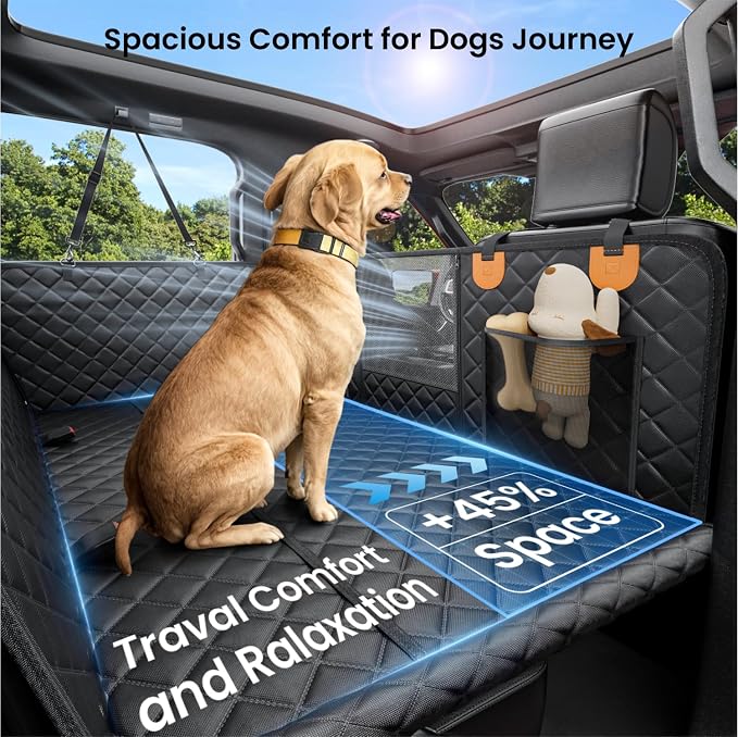 Dog Truck Seat Cover for Back Seat, Hard Bottom Dog Hammock for Car, Pet Bed Extender for 2-4 Large Dogs, Waterproof Seat Protector, Universal XL Size Fits for Crew Cab Truck/SUV, Black+Orange